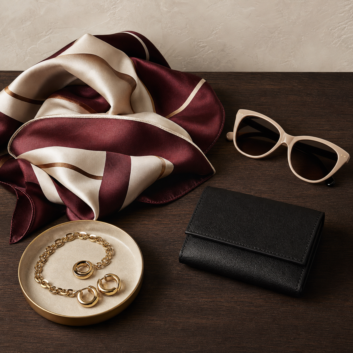 Luxury accessories arranged on a dark wood table