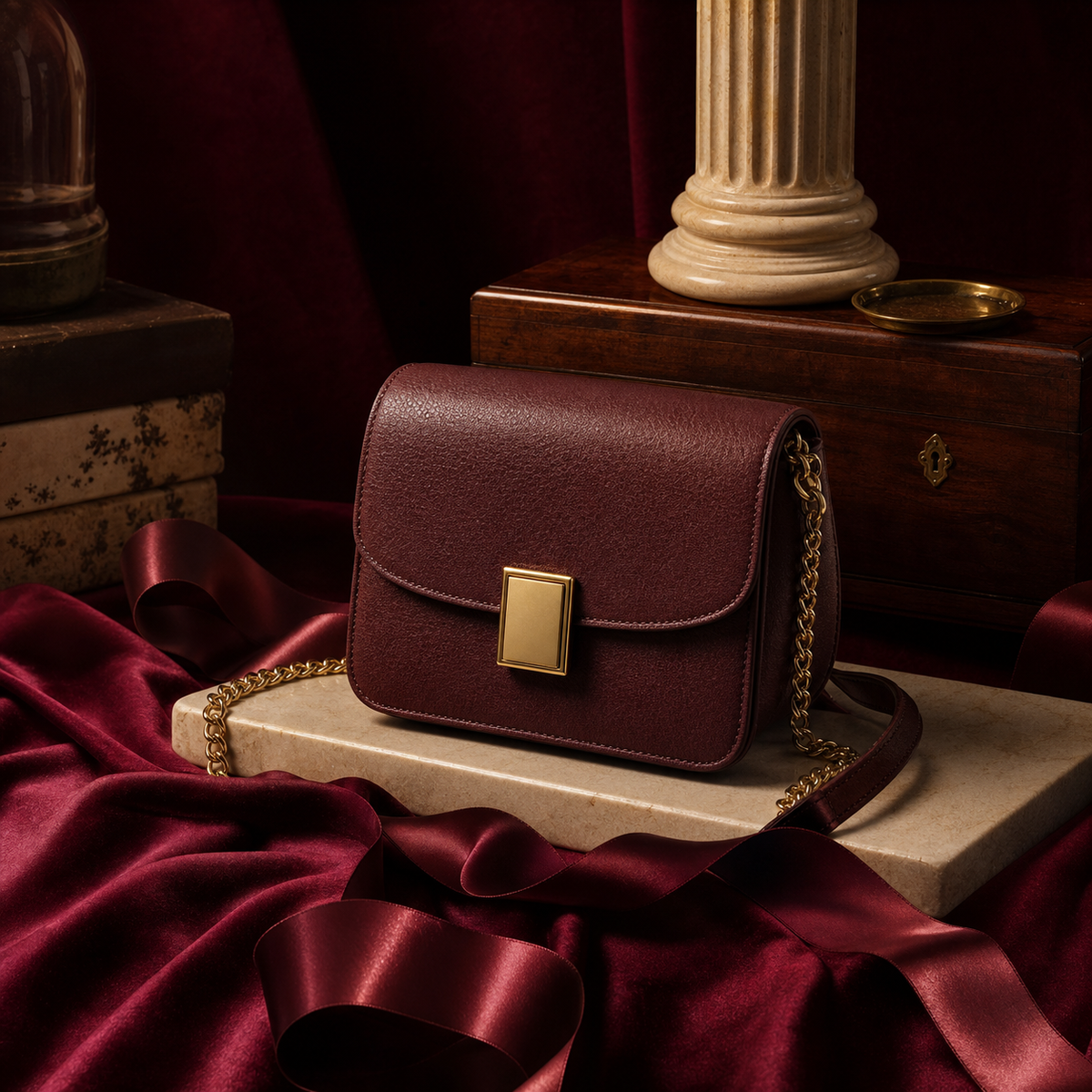 Unbranded burgundy evening bag in an archival editorial setting
