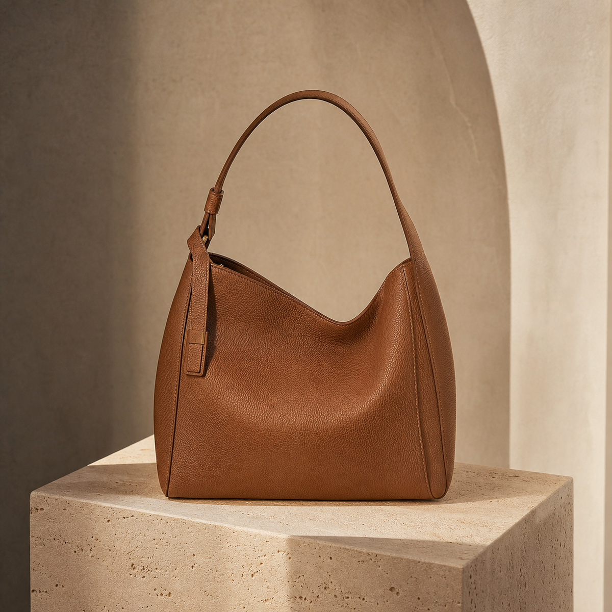 Unbranded leather shoulder bag on a limestone pedestal