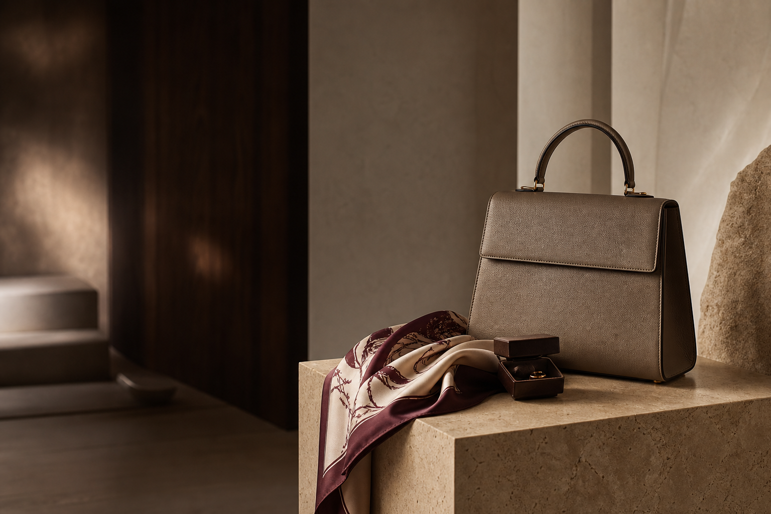 Editorial still life of an unbranded leather bag in a warm gallery interior