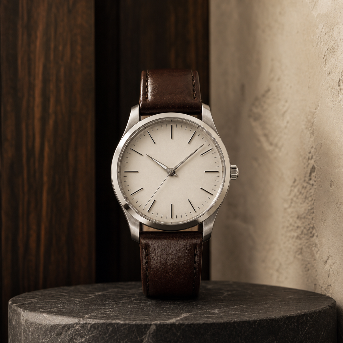 Unbranded analog watch displayed on a dark stone pedestal
